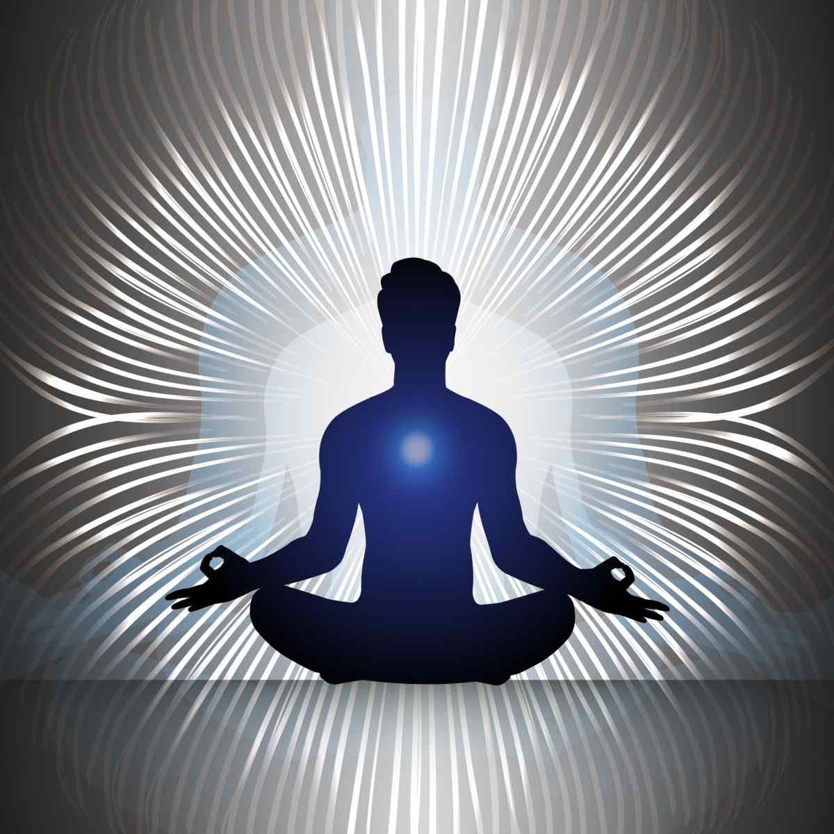 Bright light energies surrounding person in meditation pose.
