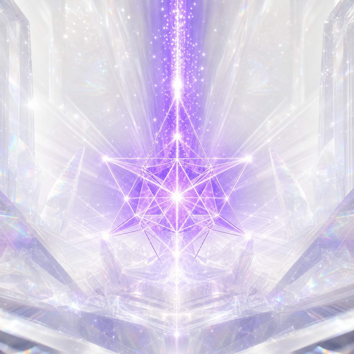 Ole Gabrielsen distant attunements collection art featuring a vibrant purple geometric star and glowing white crystals.