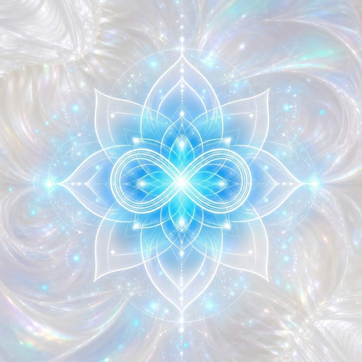 Premium Patrick Zeigler Seichim collection graphic featuring a glowing white infinity loop inside a luminous blue lotus mandala on an iridescent pearlescent background.