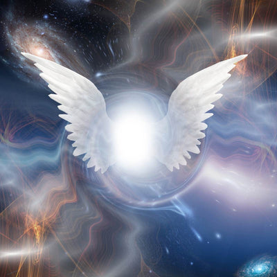 White archangelic wings against a cosmic background with stars and nebulae.