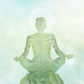A meditating silhouette double-exposed with a green pattern, representing the 4444 angel number manifestation.
