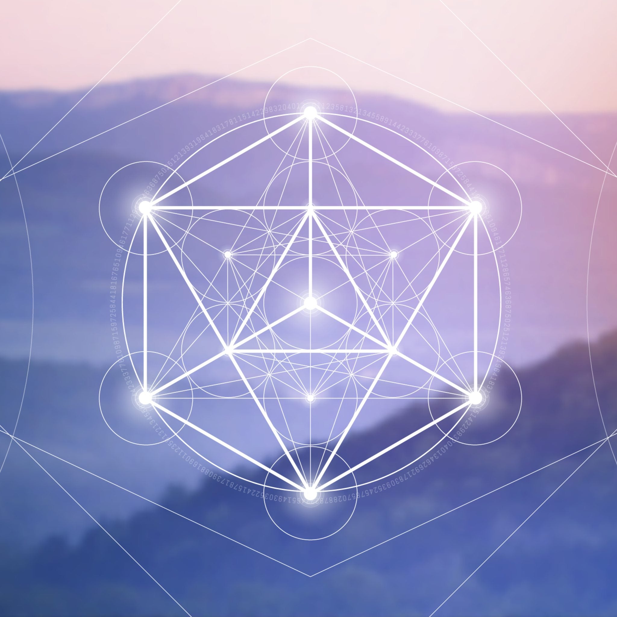A digital illustration of Metatron's Cube, a sacred geometry figure formed by a three-dimensional star surrounded by interconnected spheres and circles, glowing white against a soft, blurred background of misty, purple-hued mountains. The geometric complexity symbolises ascension energies.
