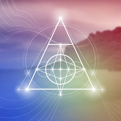 A digital illustration of a glowing white, multi-layered geometric symbol, based on a central triangle and spheres, superimposed over a soft, blurred landscape background. The background features blending colours of blue, green, and red-orange, with faintly visible numbers around the edges, representing ascension energy.