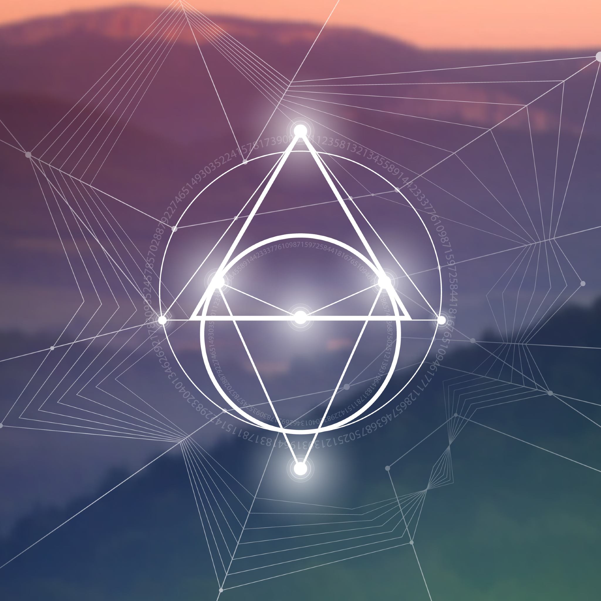 A digital illustration of a glowing white, complex geometric figure composed of a central triangle and multiple overlapping circles and lines, similar to sacred geometry. The design is superimposed over a blurred landscape of misty mountains and an orange-pink sky, with faint numerical sequences around the edges, representing ascension energy.