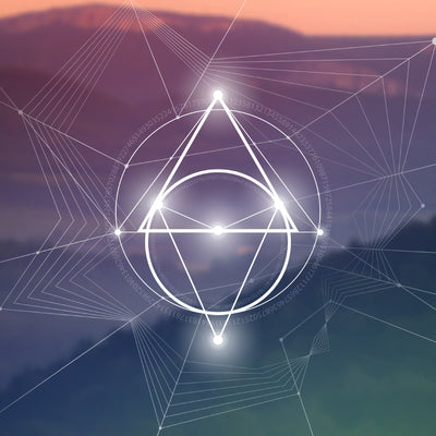 A digital illustration of a glowing white, complex geometric figure composed of a central triangle and multiple overlapping circles and lines, similar to sacred geometry. The design is superimposed over a blurred landscape of misty mountains and an orange-pink sky, with faint numerical sequences around the edges, representing ascension energy.