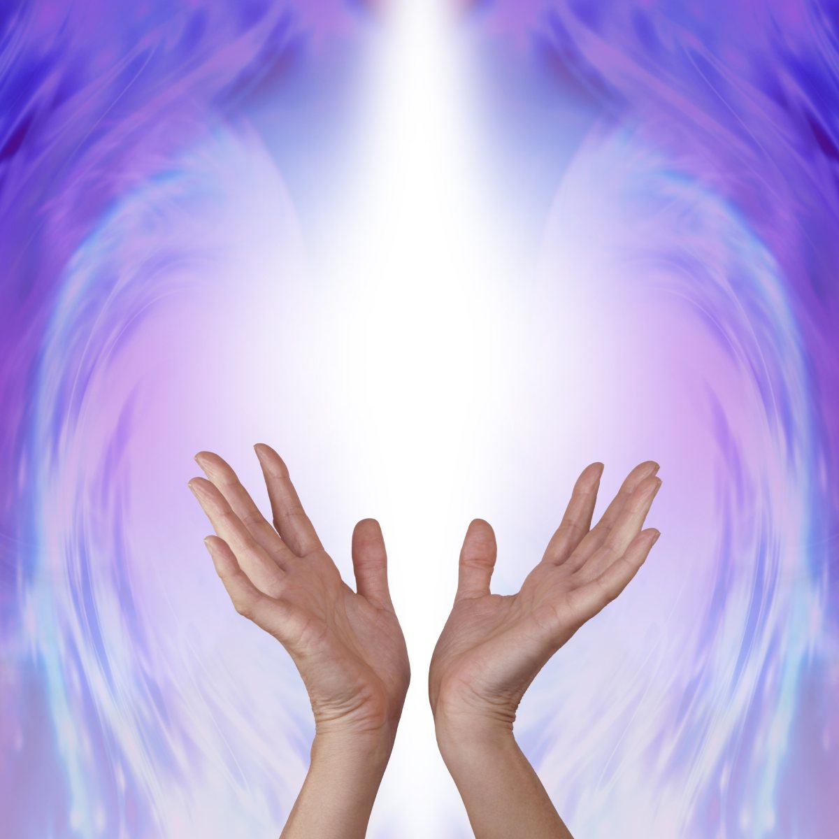 Two hands raised towards a swirling purple and blue angelic light.