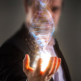 Person holding a glowing DNA double helix.