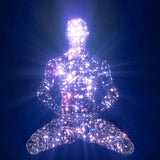 A digital representation of a glowing figure in a meditation pose, symbolising spiritual or energy-based activity.