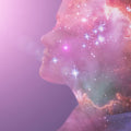 A visual representation of a spiritual clairsentience enhancement treatment, featuring a stylised image of a human figure with a backdrop of stars and celestial bodies.
