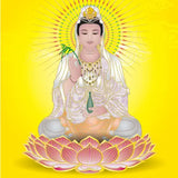 A digital illustration of the Goddess Kuan Yin seated on a lotus flower with a bright yellow background.