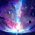 A lone figure stands before a massive radiant orb as a vibrant teal and pink energy column ascends into a starry galaxy.