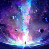A lone figure stands before a massive radiant orb as a vibrant teal and pink energy column ascends into a starry galaxy.