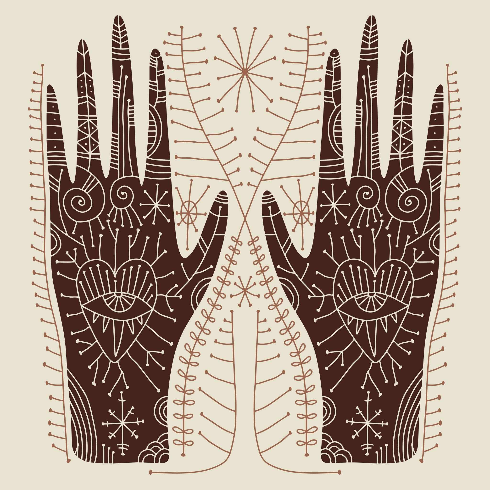 A stylised illustration featuring two mirrored hands, adorned with intricate, organic patterns resembling roots, leaves, stars, and sacred symbols, all in a warm brown and beige palette, conveying themes of ancestral connection, lineage, and ancient wisdom.