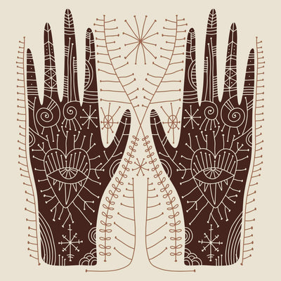 A stylised illustration featuring two mirrored hands, adorned with intricate, organic patterns resembling roots, leaves, stars, and sacred symbols, all in a warm brown and beige palette, conveying themes of ancestral connection, lineage, and ancient wisdom.