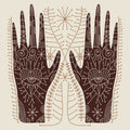 Decorative illustration of two hands with intricate patterns on a beige background.