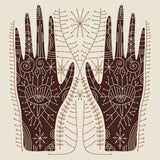 Decorative illustration of two hands with intricate patterns on a beige background.