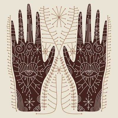Decorative illustration of two hands with intricate patterns on a beige background.