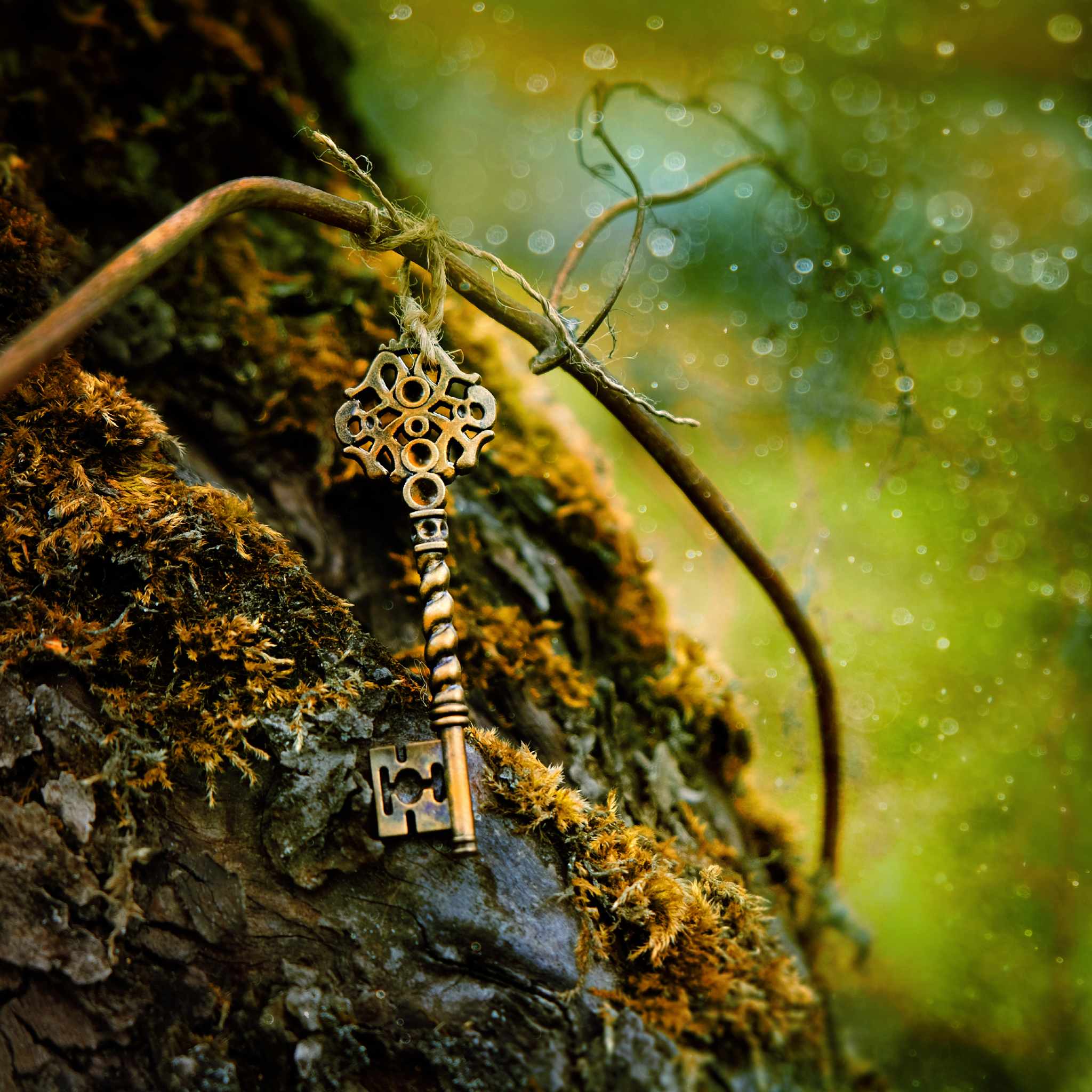 A beautiful antique-style key with a twisted stem and elaborate decorative head hangs by a thin twine from a mossy tree branch. The background is a soft-focus forest of green and yellow bokeh, with the key representing ancestral clearing and releasing old patterns.