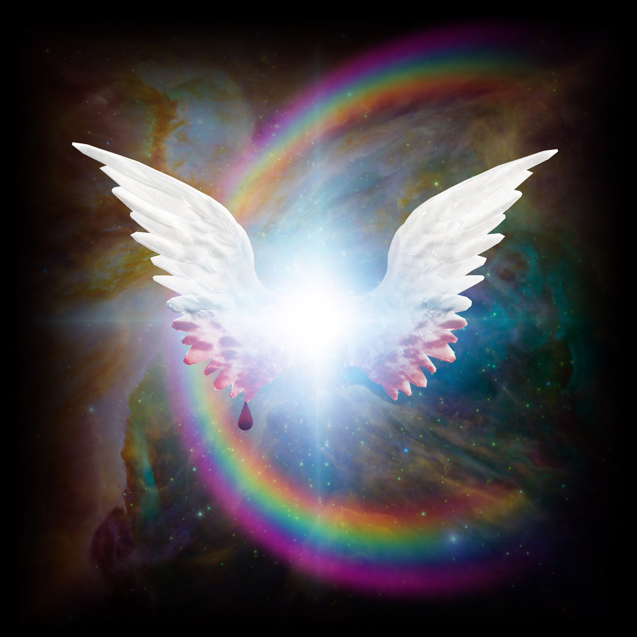 A stunning digital illustration of white, feathered angel wings emerging from a brilliant central white light, set against a background of a colourful nebula and a rainbow arch. The glowing, ethereal wings symbolise the powerful energy of angel abundance.