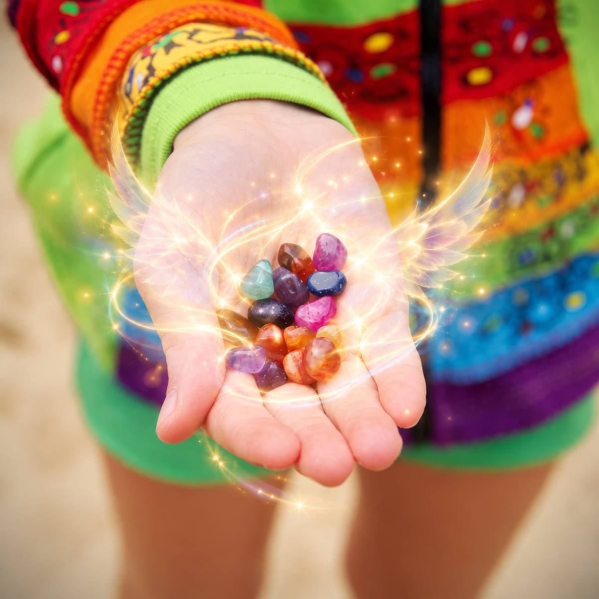 A close-up of a person's open palm holding a small cluster of colourful polished gemstones, with glowing golden sparkles and angel-like wings overlaid around the hand. 