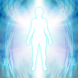 A white, glowing silhouette of a human figure, symbolising an angel or spirit, standing against a backdrop of swirling light blue and white energy, resembling large, vibrant wings.