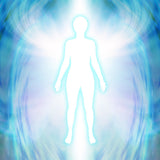 Silhouette of a person against a swirling blue and white angelic energy background
