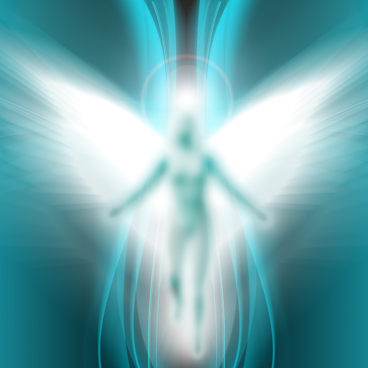 Abstract blue and white light effect angelic figure on a dark background.