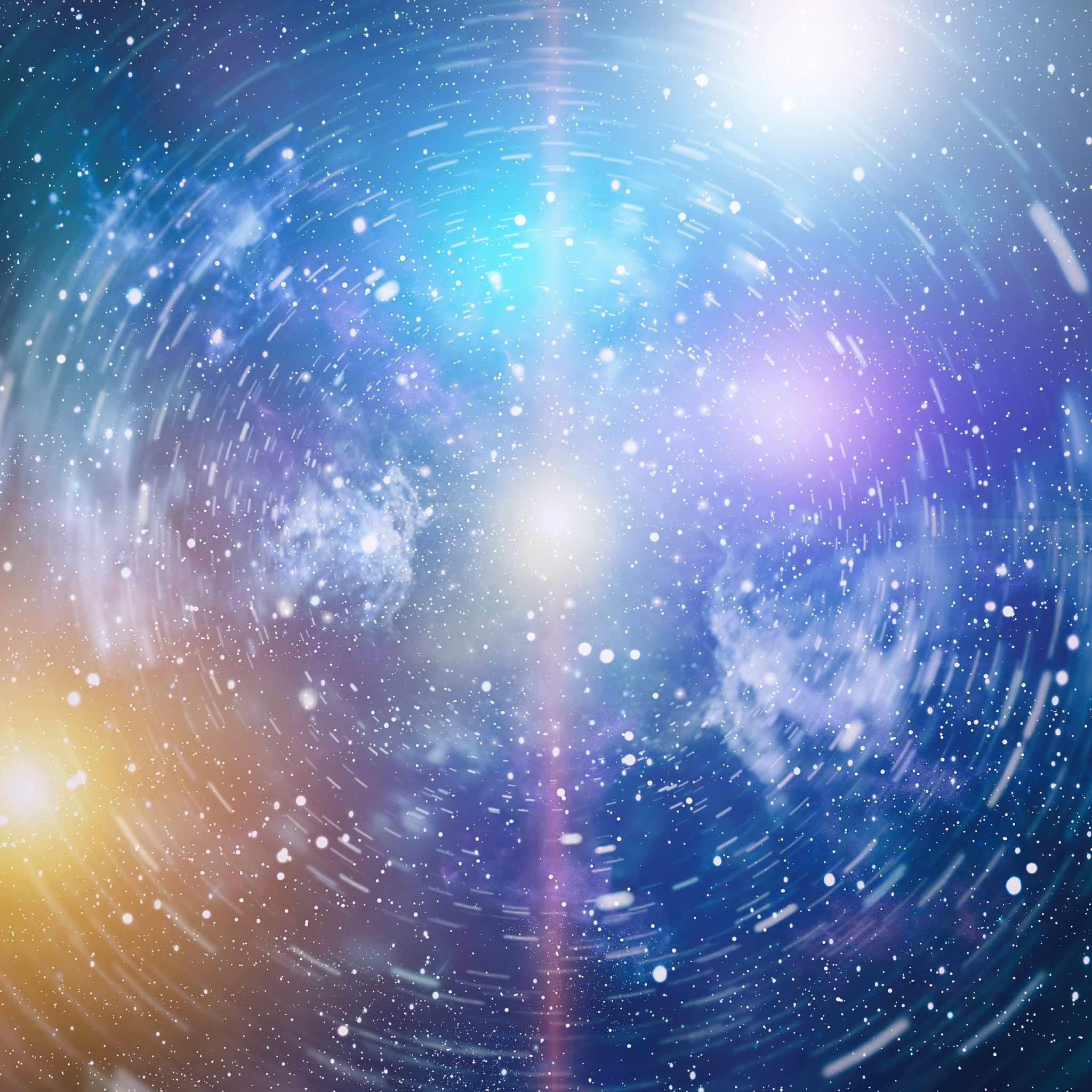 Vibrant, abstract cosmic spiral of bright stars and light trails in shades of blue, turquoise, magenta, and gold symbolising angels.