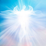A radiant, white, ethereal angel with flowing, curved wings against a bright, streaked background of blue and pink sky.