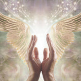 Hands reaching towards angel wings with a soft, blurred light source background.