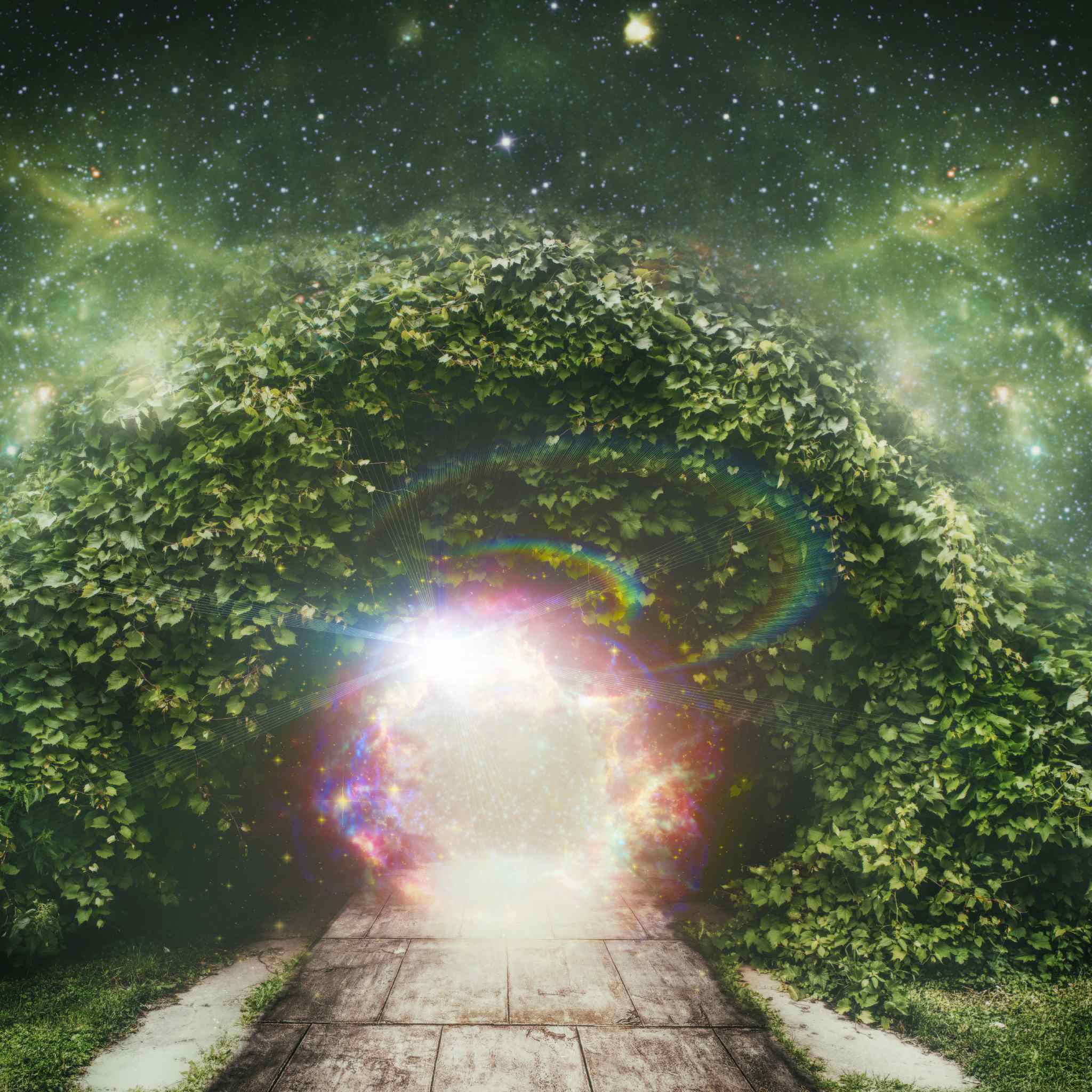 A magical scene where a path of light-coloured stone leads to a tunnel archway completely covered in dense green ivy, out of which bursts a brilliant, multicoloured, ethereal portal of light against a dark, starry night sky.