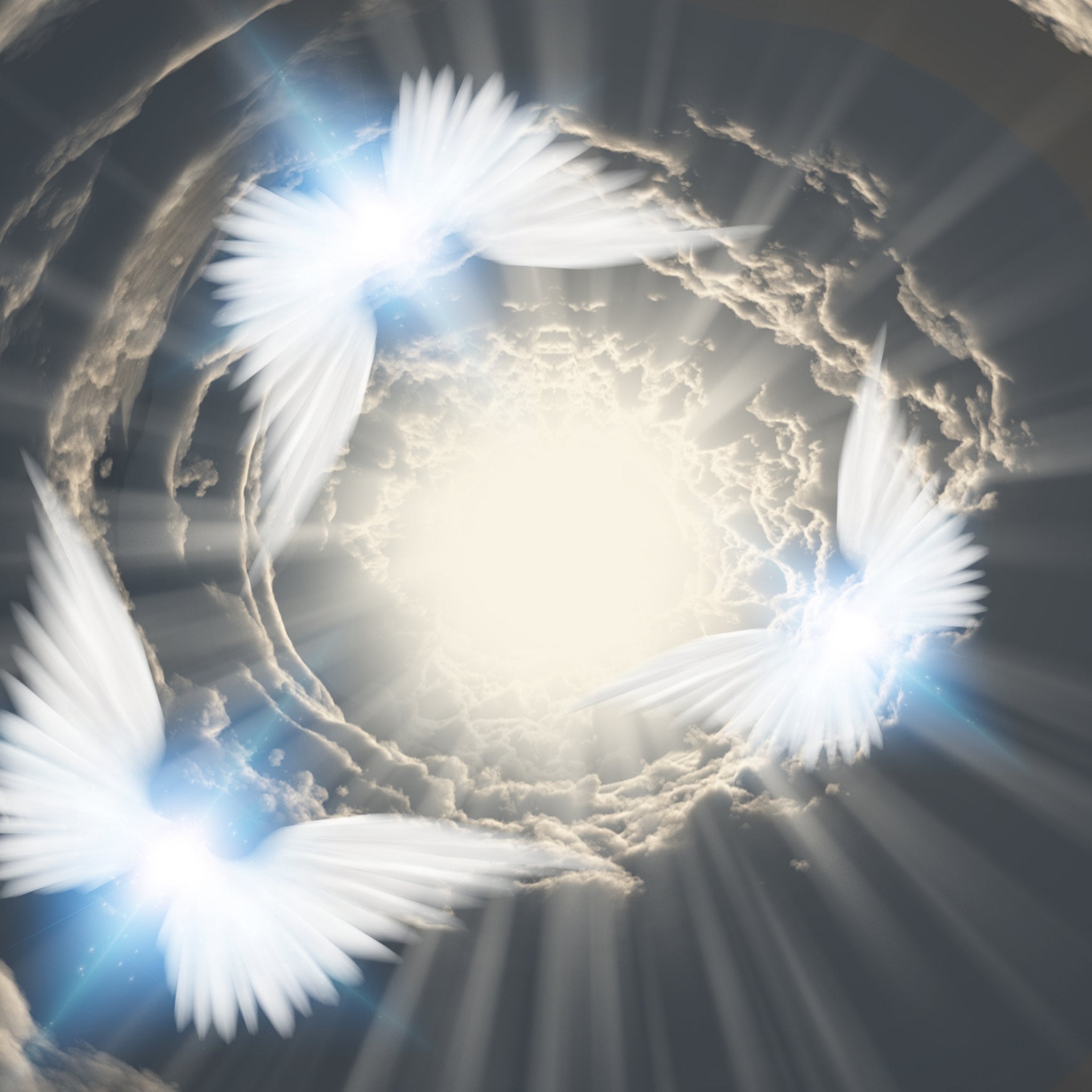 Circular cloud with angel wings and a bright light at the centre, resembling a halo.