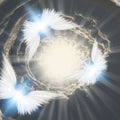 White angel wings with a bright light source in the center, surrounded by rays of light.