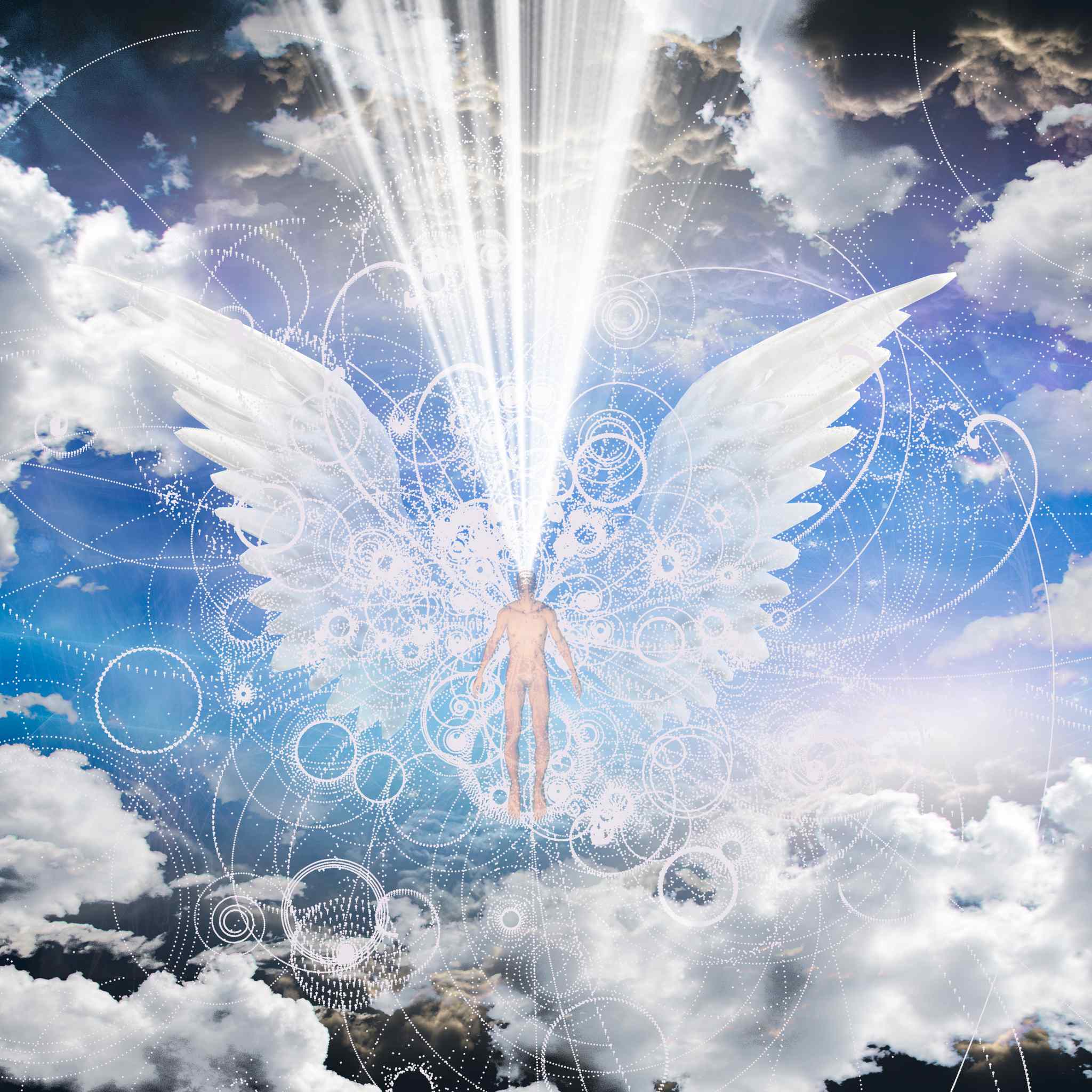 A stunning digital creation depicting a luminous human figure floating amidst white clouds, with majestic white angel wings extending from its back. A brilliant column of light streams from the sky down onto the figure's head, surrounded by swirling geometric and celestial patterns, symbolising the Archangel enlightenment.