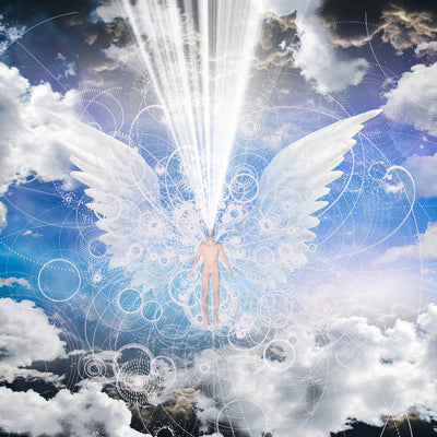 A stunning digital creation depicting a luminous human figure floating amidst white clouds, with majestic white angel wings extending from its back. A brilliant column of light streams from the sky down onto the figure's head, surrounded by swirling geometric and celestial patterns, symbolising the Archangel enlightenment.