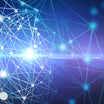 Network of connected dots and lines on a blue and purple gradient background with light shining through.