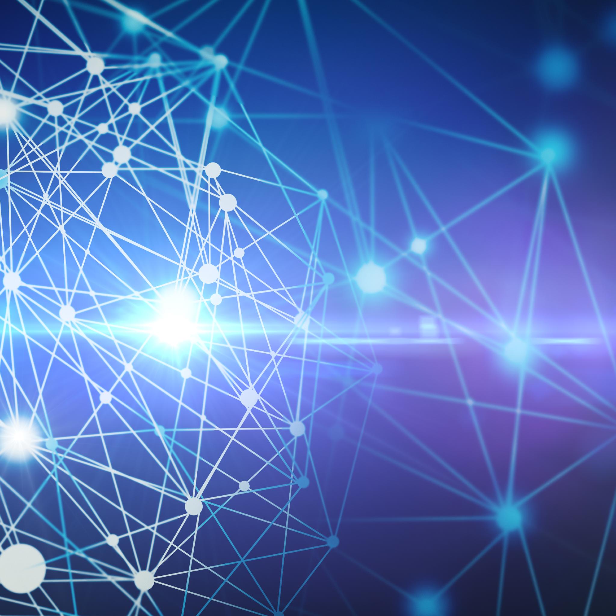Network of connected dots and lines on a blue and purple gradient background with light shining through.