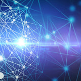 Network of connected dots and lines on a blue and purple gradient background with light shining through.