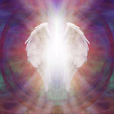 White angelic wings glowing against a colourful background, suggesting Archangel Zadkiel.