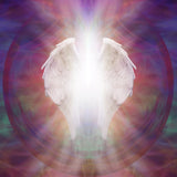 White angelic wings glowing against a colourful background, suggesting Archangel Zadkiel.