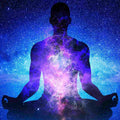 Silhouette of a person meditating with a cosmic, starry background representing the energy of the Arcturians.
