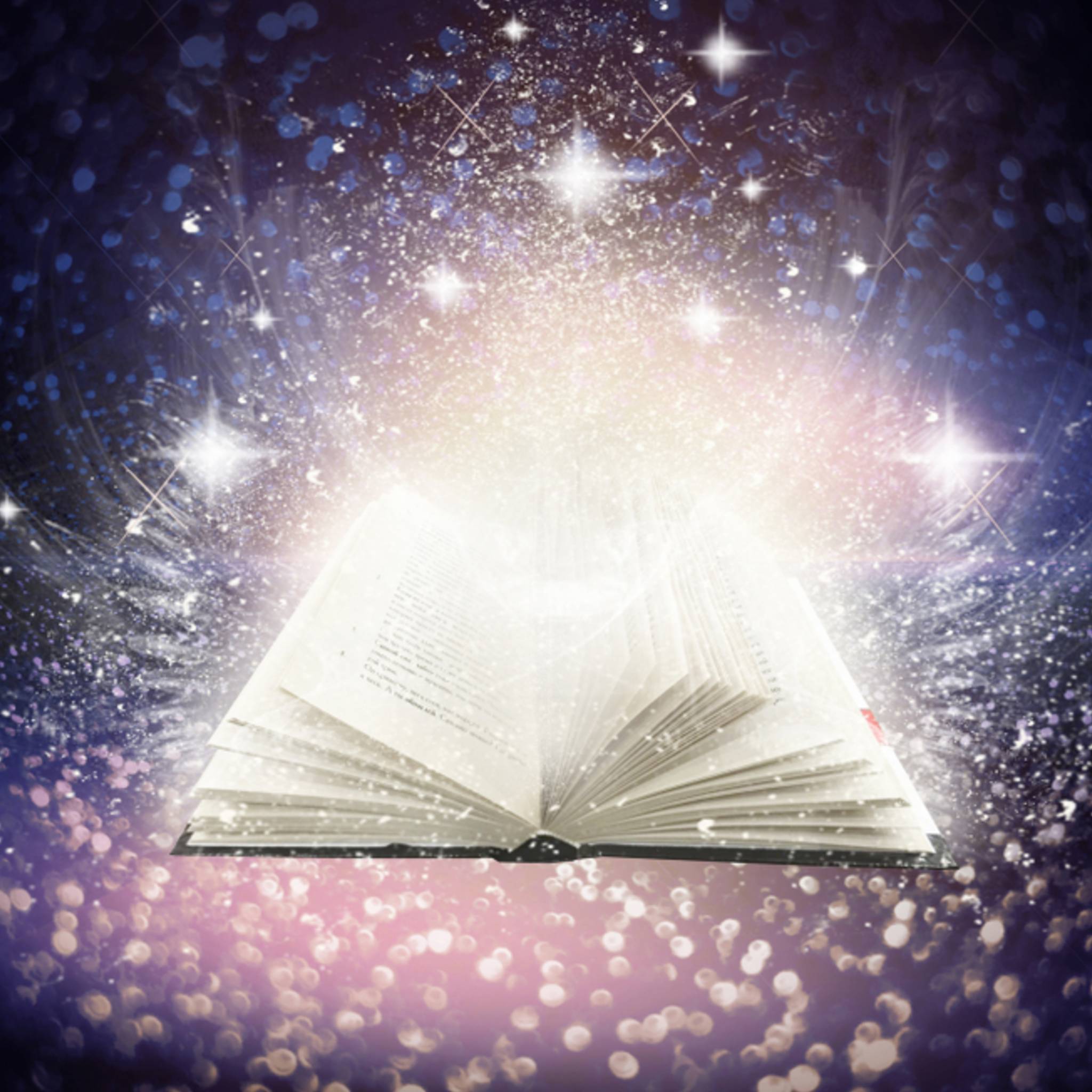 Open book glowing with white light and sparkling stars, representing the Akashic Records being cleansed and cleared, surrounded by purple and blue spiritual cosmic dust.