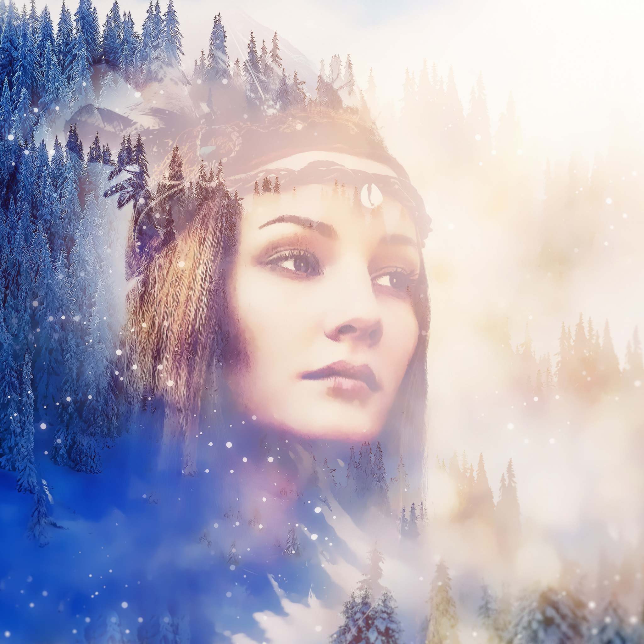 A double-exposure portrait of a woman's face, overlaid with a bright, snowy forest landscape and pine trees on misty mountains, creating a dreamy, ethereal look with snow falling.