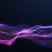 A dark, abstract background featuring a flowing, glowing wave of purple and pink digital particles, suggesting high-frequency energetic or DNA modulation.