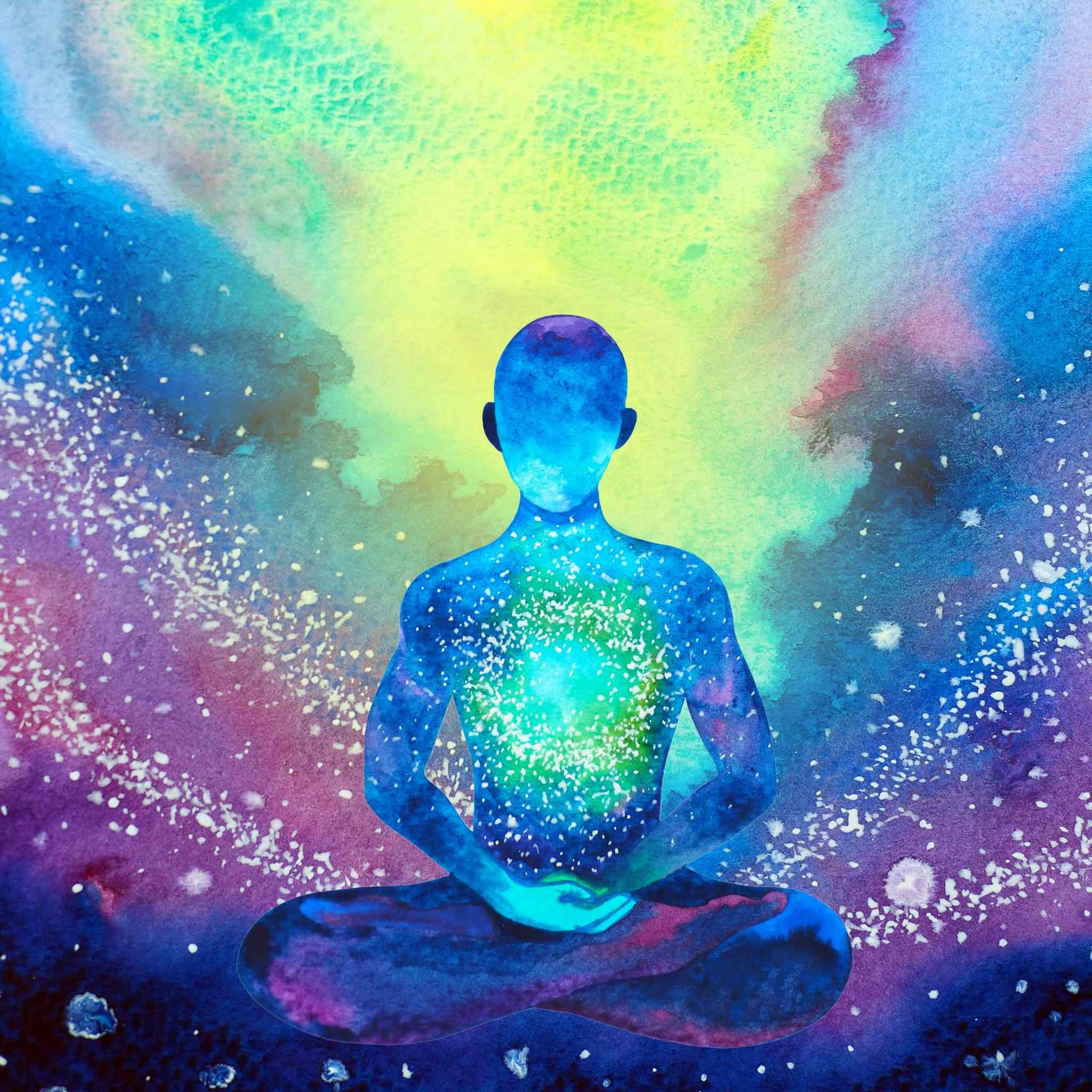 A watercolour illustration of a meditating figure in the lotus pose, its body a vibrant blue and purple nebula filled with white stars, with a bright green and yellow heart centre, set against a colourful wash of yellow, blue, and purple cosmic energy.