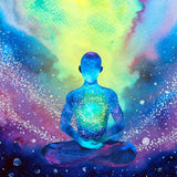 Colourful abstract painting of a meditating figure with a cosmic background.