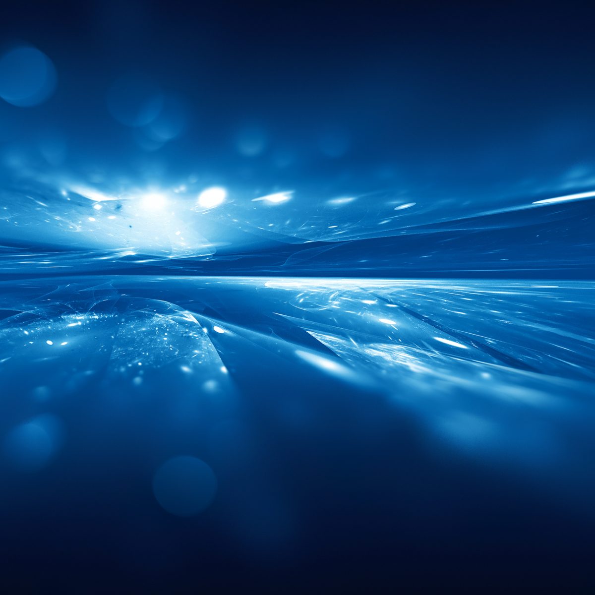 An abstract, deep blue horizontal landscape of glowing waves of light on a celestial plain.