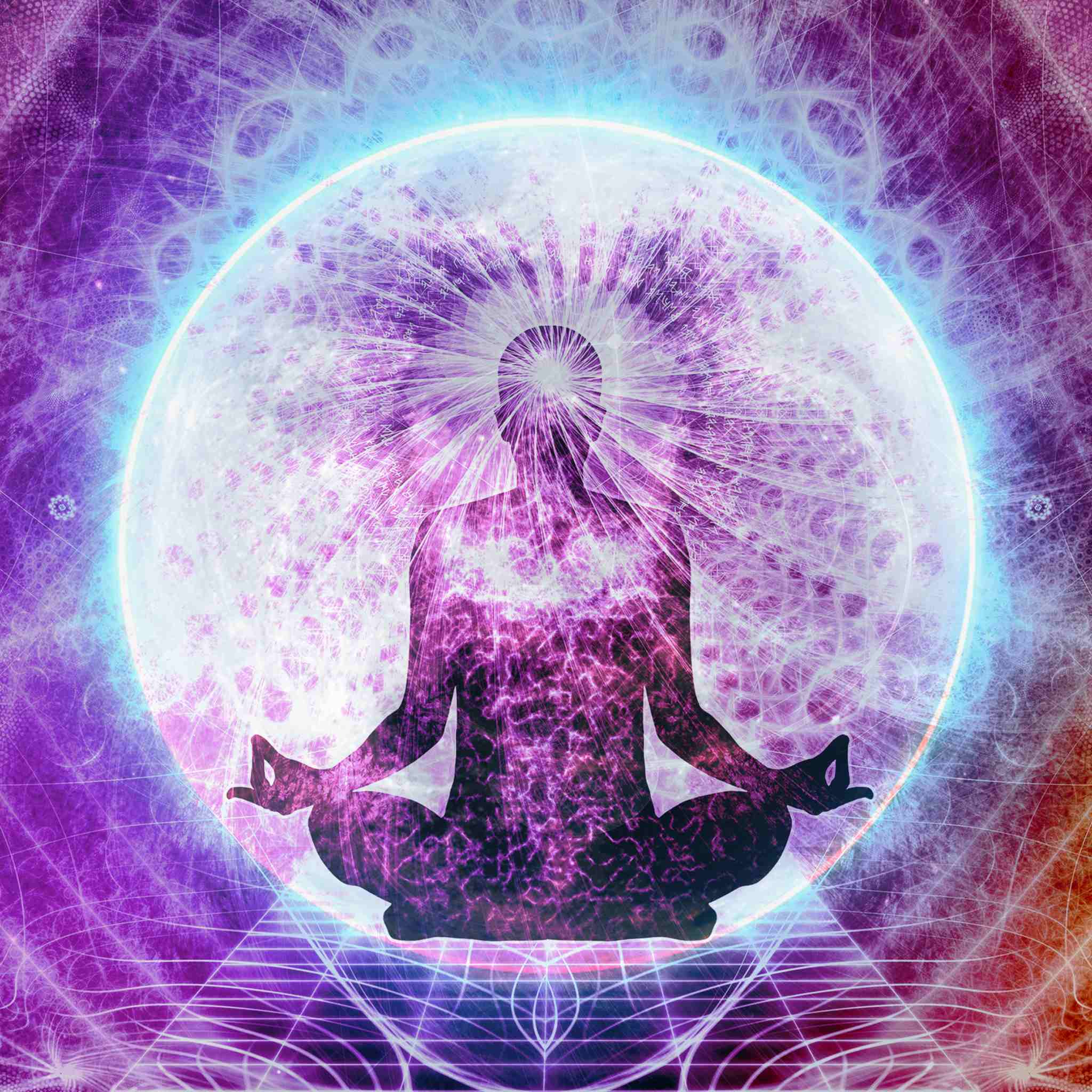 A powerful digital illustration of a dark meditating silhouette surrounded by a brilliant white glowing sphere, which is itself encircled by vibrant purple and turquoise energetic rings and a radiant fractal pattern. The intense light radiating from the figure symbolises the ascended masters of enlightenment.