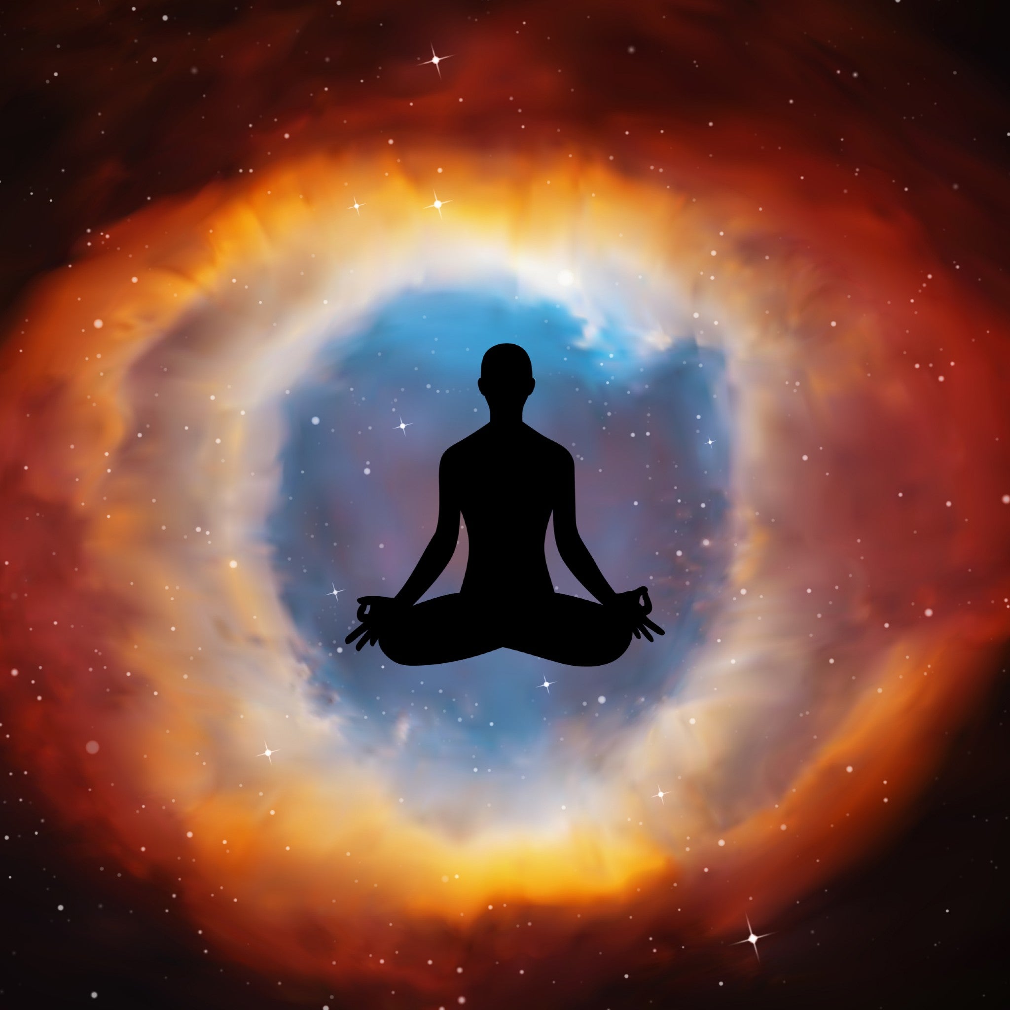 A silhouette of a person meditating in lotus pose, positioned at the bright, blue centre of a swirling nebula, representing ascension 999 integration.