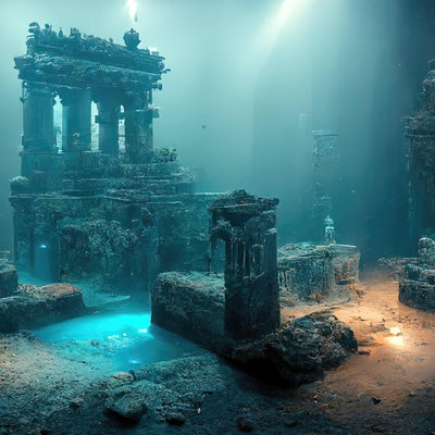 A digitally generated image of submerged, ancient stone ruins, resembling columns and temple structures, resting on the sandy bottom of the ocean. The water is murky blue and illuminated by shafts of light from above, with an inner pool of bright turquoise water, representing Atlantis.